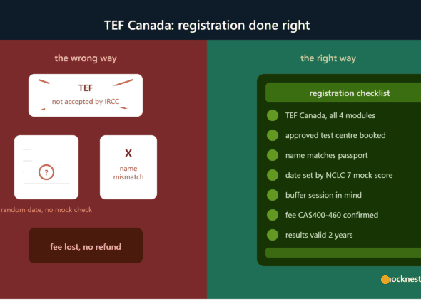 TEF Canada registration guide showing exam booking steps, costs, test dates and exam day checklist